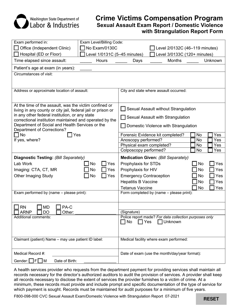 Form F800-098-000 Sexual Assault Exam Report / Domestic Violence With Strangulation Report Form - Crime Victims Compensation Program - Washington, Page 1