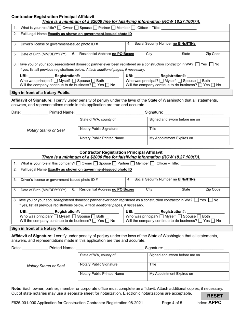 Form F625-001-000 Application for Construction Contractor Registration - Washington, Page 4