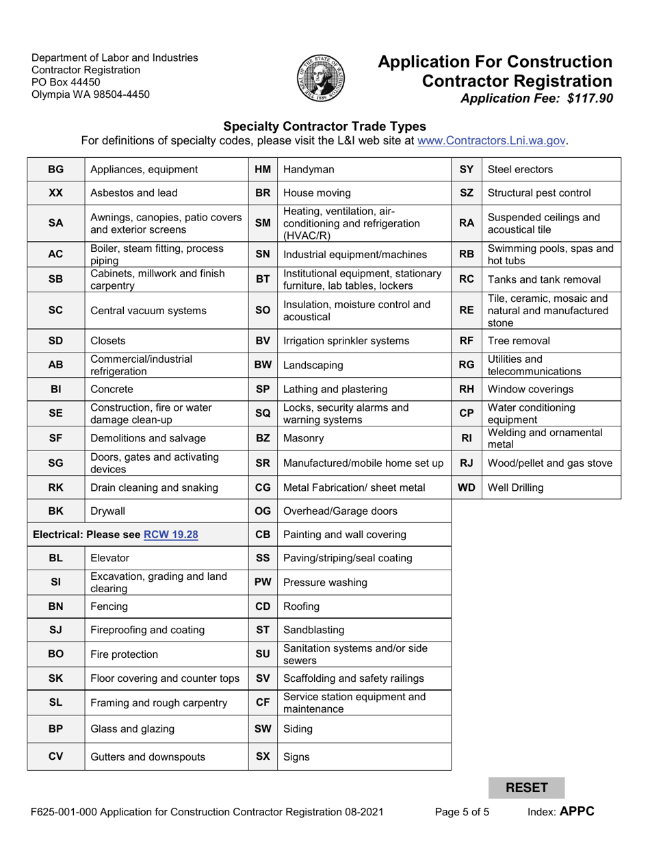 Form F625-001-000 Application for Construction Contractor Registration - Washington, Page 5