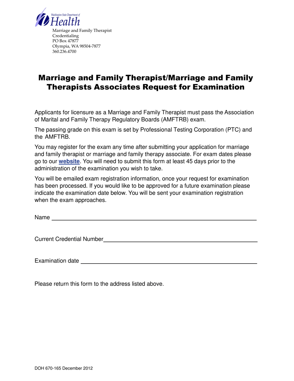 DOH Form 670-165 Marriage and Family Therapist / Marriage and Family Therapists Associates Request for Examination - Washington, Page 1