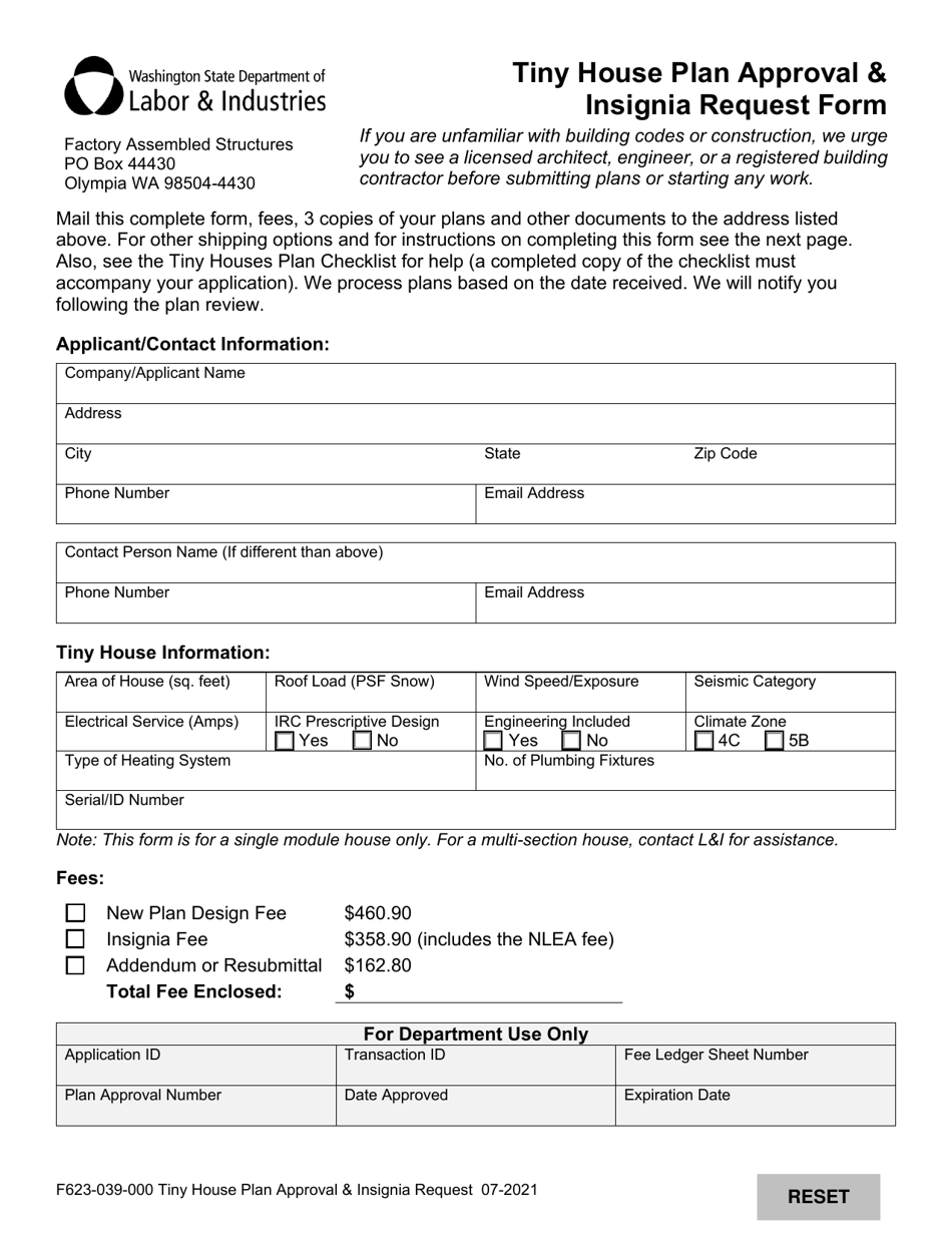 Form F623-039-000 Tiny Home Plan Approval  Insignia Request - Washington, Page 1