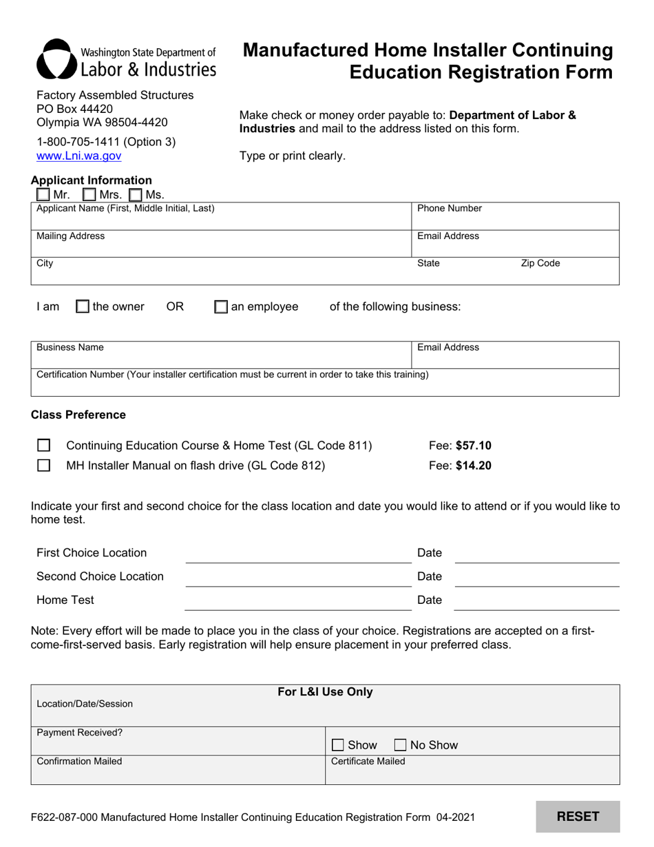 Form F622-087-000 Manufactured Home Installer Continuing Education Registration Form - Washington, Page 1