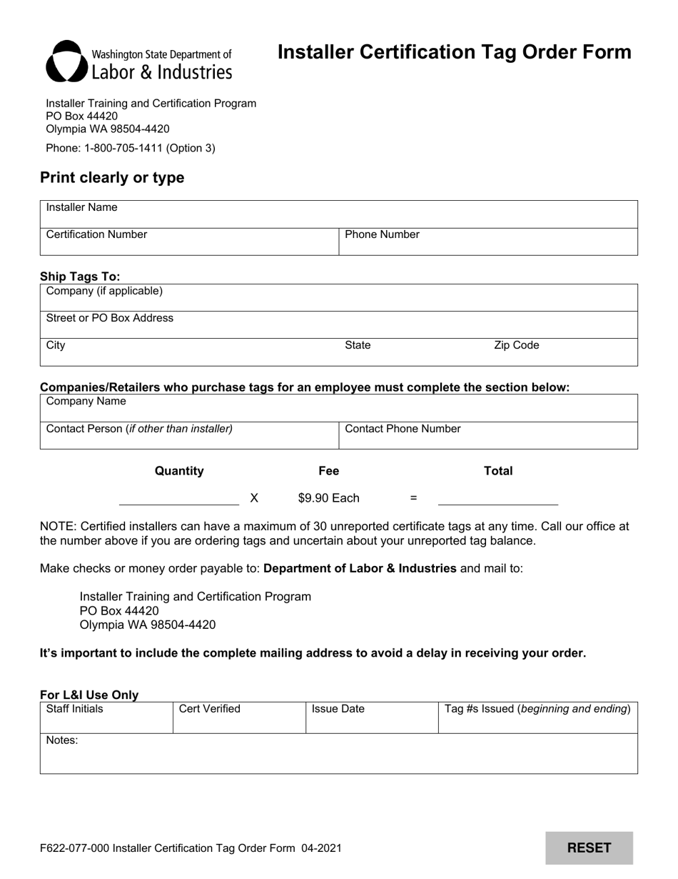 Form F622-077-000 Installer Certification Tag Order Form - Washington, Page 1