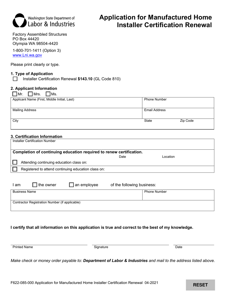 Form F622-085-000 Application for Manufactured Home Installer Certification Renewal - Washington, Page 1