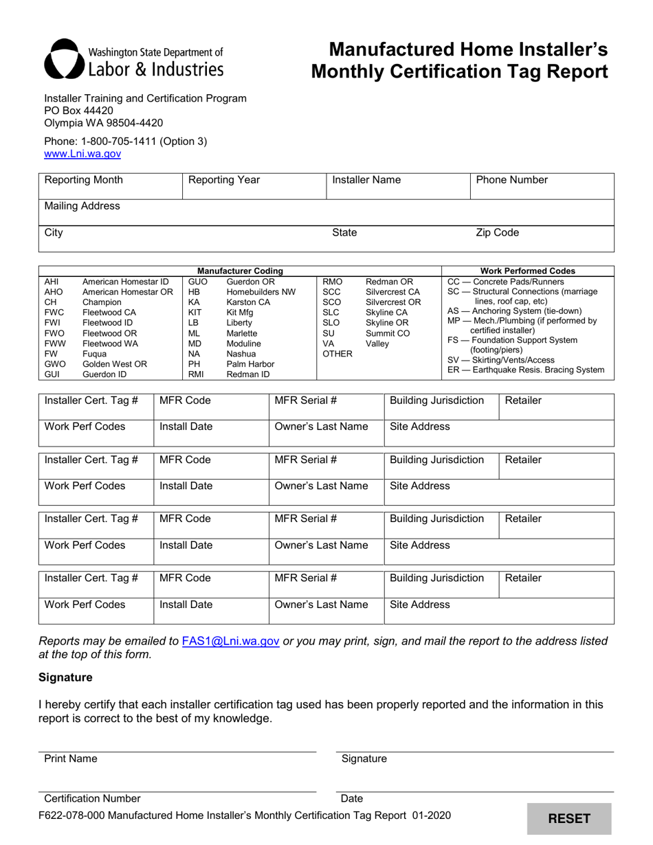 Form F622-078-000 Manufactured Home Installers Monthly Certification Tag Report - Washington, Page 1