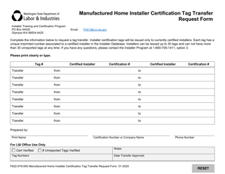 Document preview: Form F622-079-000 Manufactured Home Installer Certification Tag Transfer Request Form - Washington