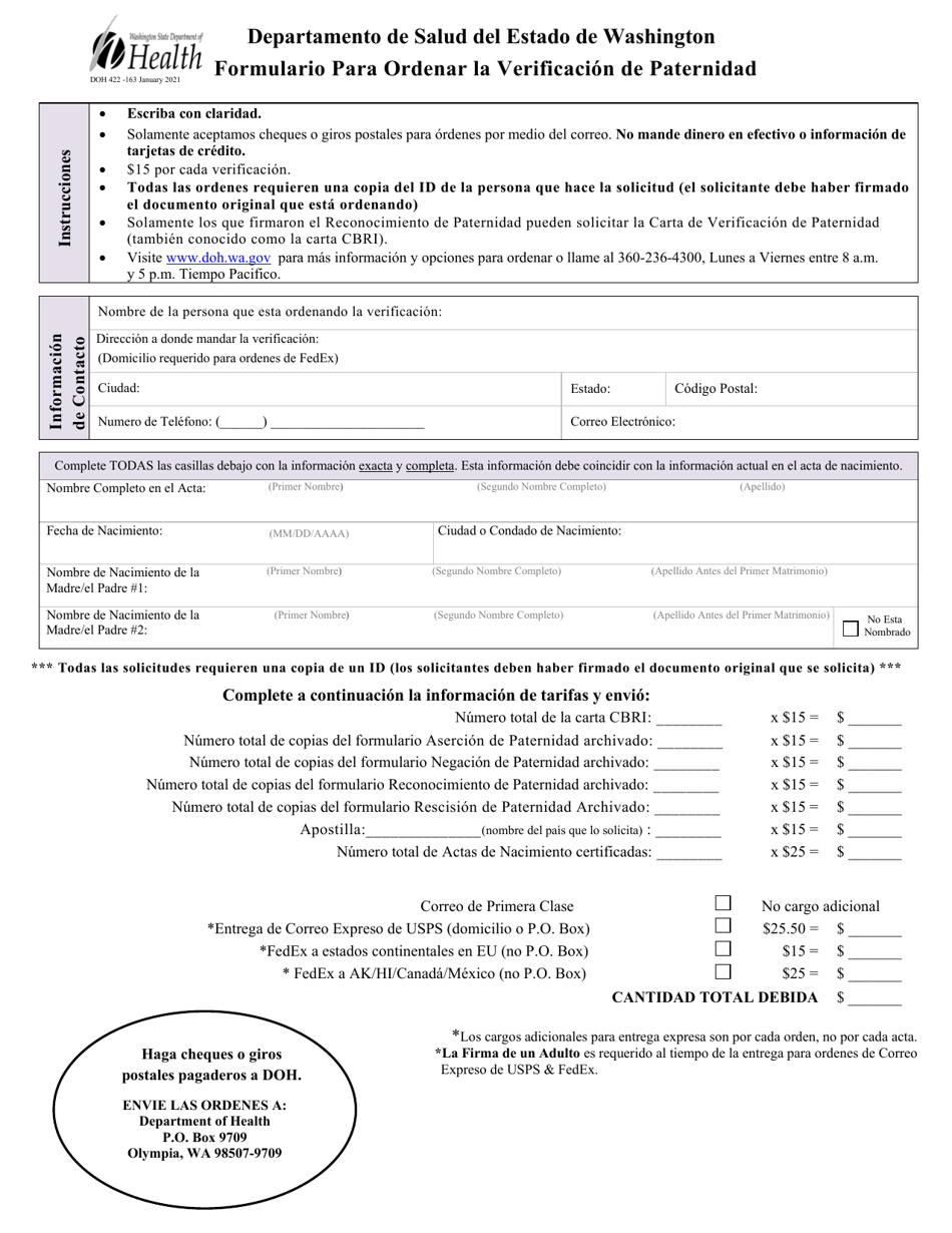 DOH Formulario 422-163 Formulario Para Ordenar La Verificacion De Paternidad - Washington (Spanish), Page 1