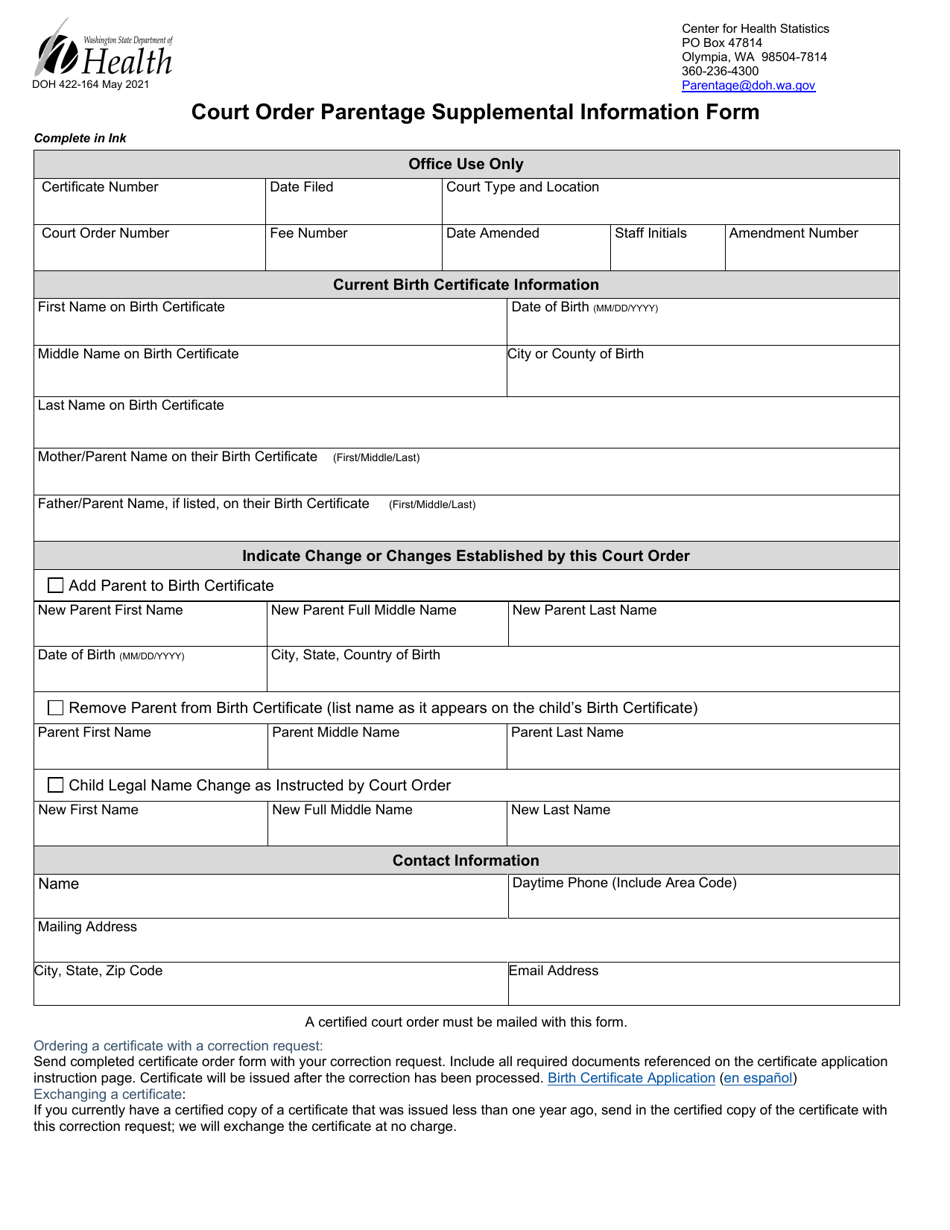 DOH Form 422-164 Court Order Parentage Supplemental Information Form - Washington, Page 1