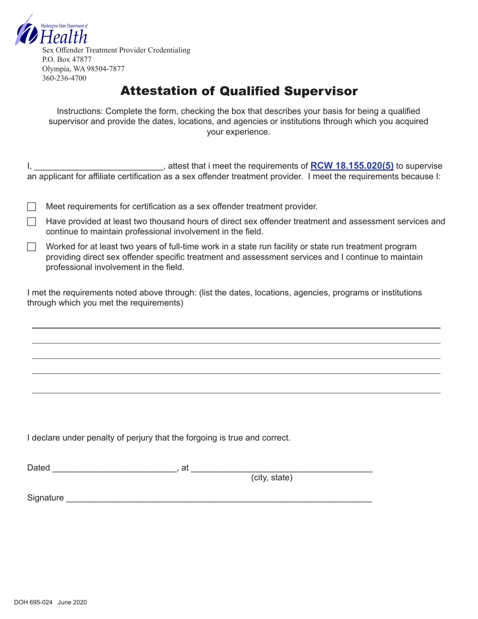 DOH Form 695-024 Attestation of Qualified Supervisor - Washington, Page 1