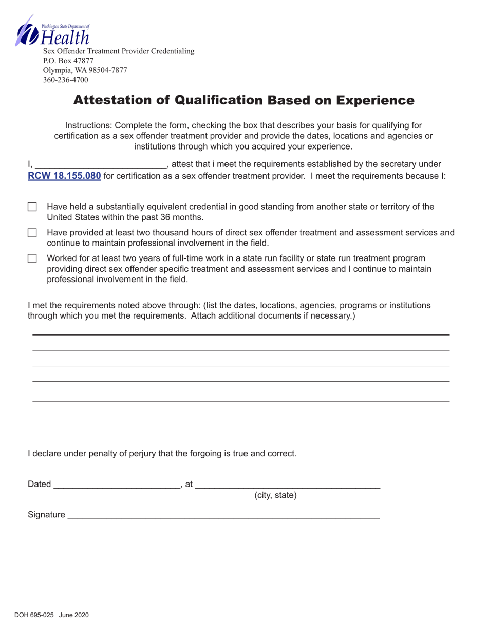 DOH Form 695-025 Attestation of Qualification Based on Experience - Washington, Page 1