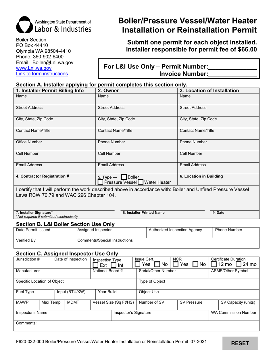 Form F620-032-000 Boiler / Pressure Vessel / Water Heater Installation or Reinstallation Permit - Washington, Page 1