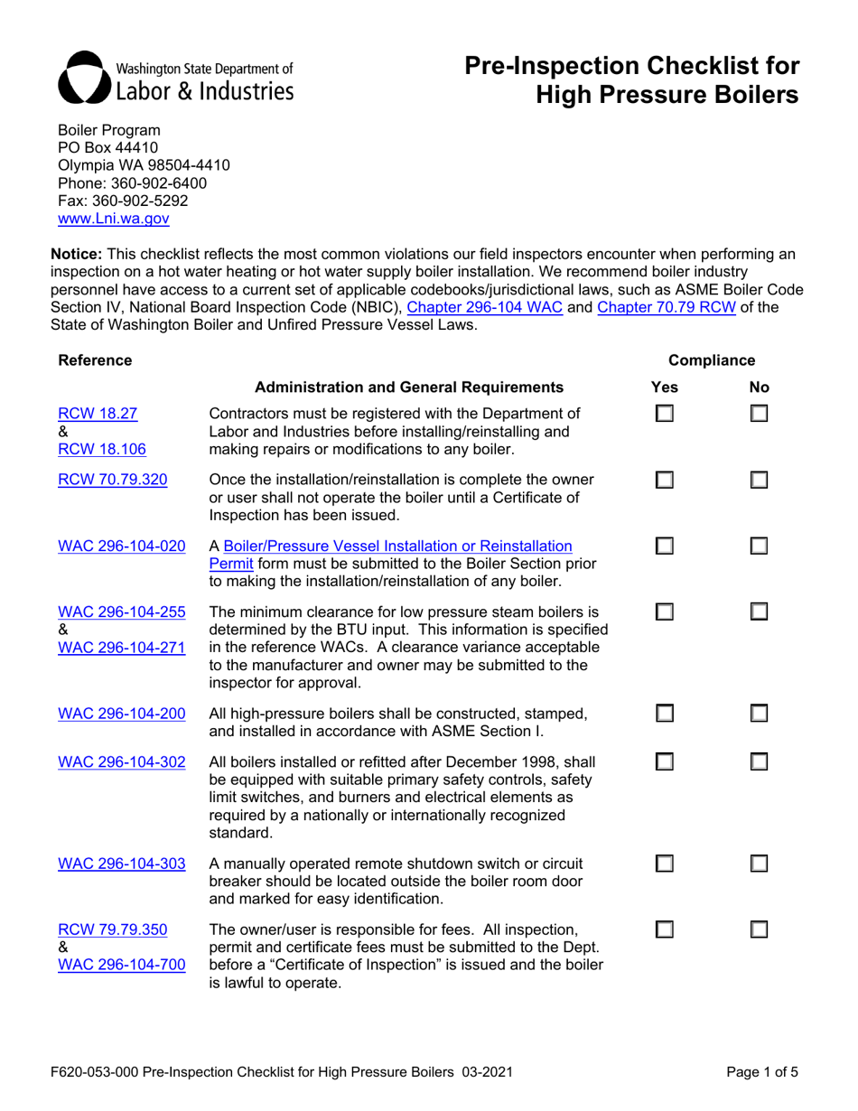 Form F620-053-000 Download Fillable PDF or Fill Online Pre-inspection ...