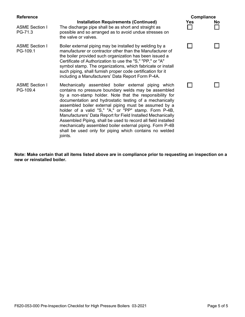 Form F620-053-000 Pre-inspection Checklist for High Pressure Boilers - Washington, Page 5