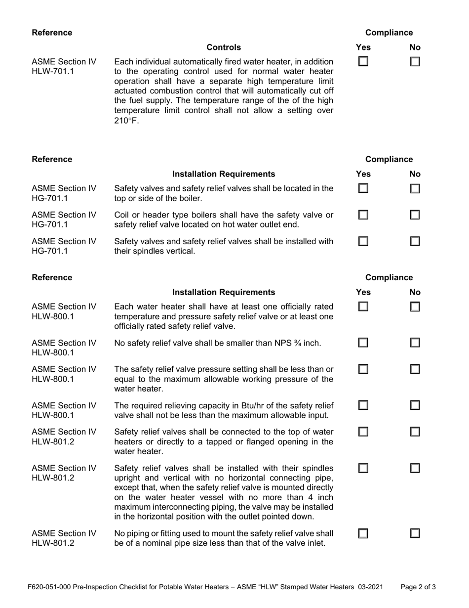Form F620-051-000 Pre-inspection Checklist for Potable Water Heaters - Asme hlw Stamped Water Heaters - Washington, Page 2