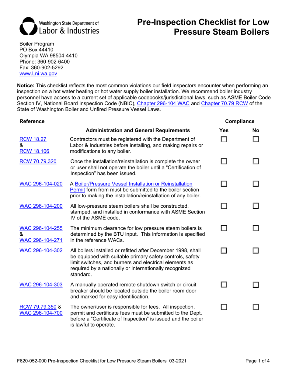 Form F620-052-000 Pre-inspection Checklist for Low Pressure Steam Boilers - Washington, Page 1