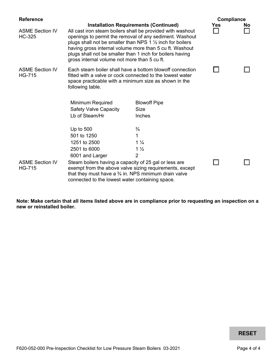 Form F620-052-000 Pre-inspection Checklist for Low Pressure Steam Boilers - Washington, Page 4