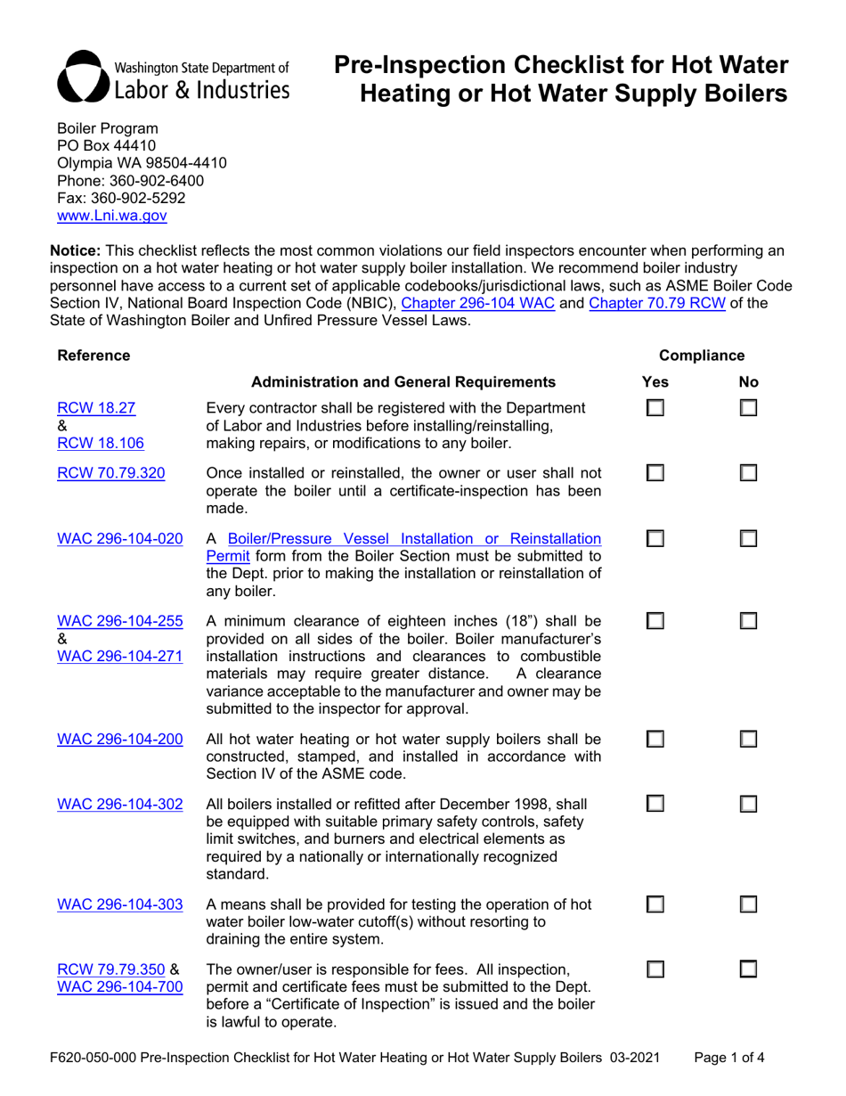 Form F620-050-000 Pre-inspection Checklist for Hot Water Heating or Hot Water Supply Boilers - Washington, Page 1