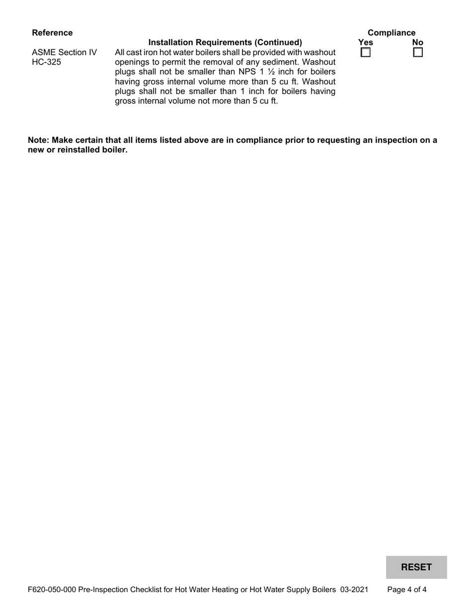 Form F620-050-000 Pre-inspection Checklist for Hot Water Heating or Hot Water Supply Boilers - Washington, Page 4