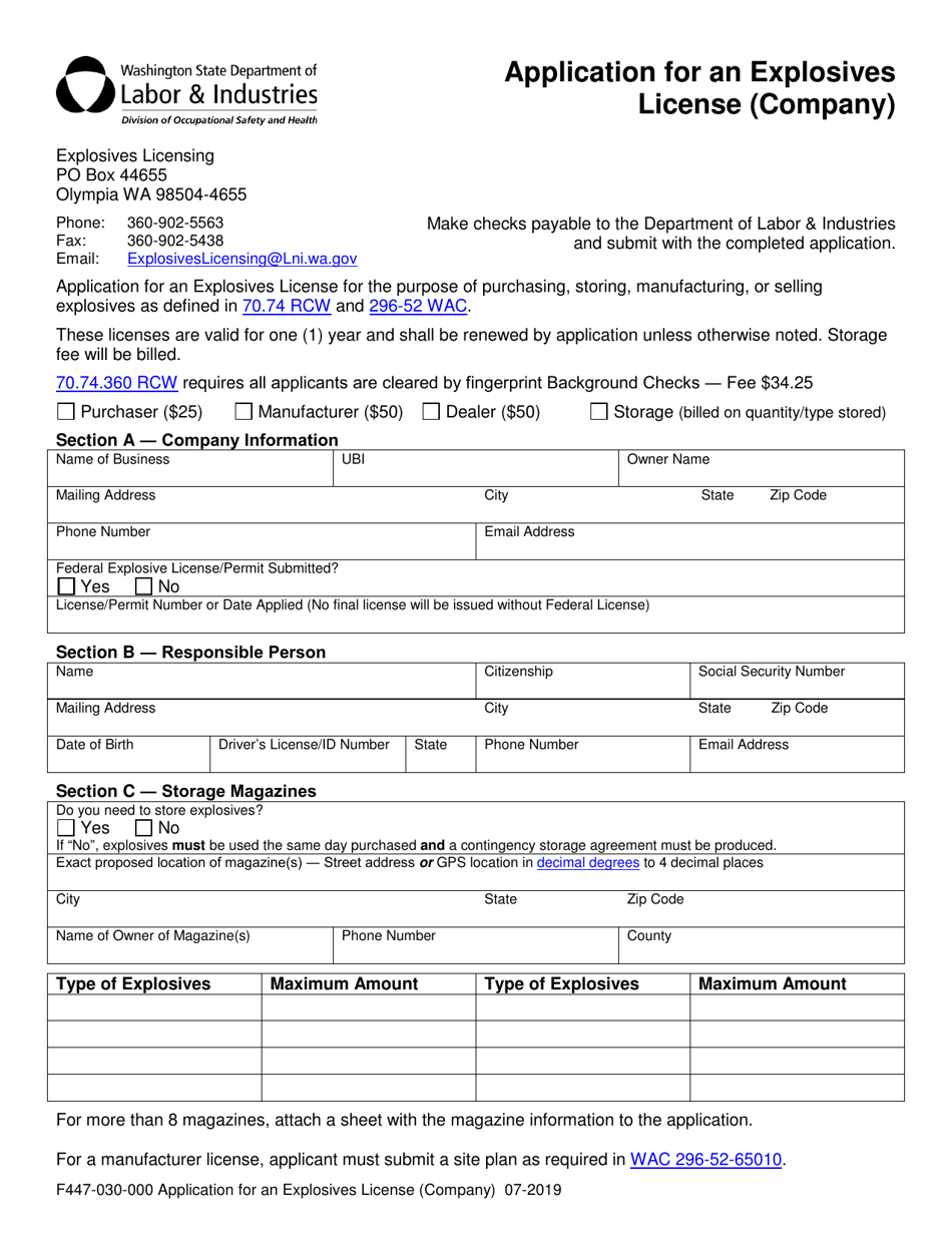 Form F447-030-000 Application for an Explosives License (Company) - Washington, Page 1