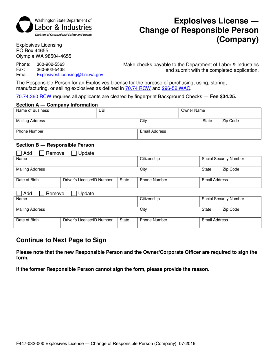 Form F447-032-000 Explosives License - Change of Responsible Person (Company) - Washington, Page 1