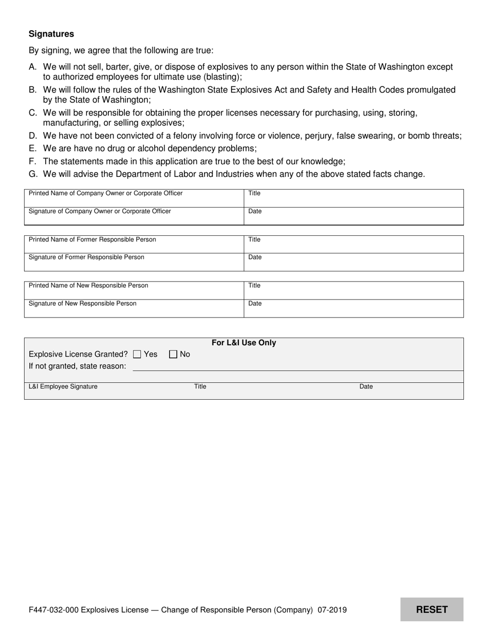 Form F447-032-000 Explosives License - Change of Responsible Person (Company) - Washington, Page 2