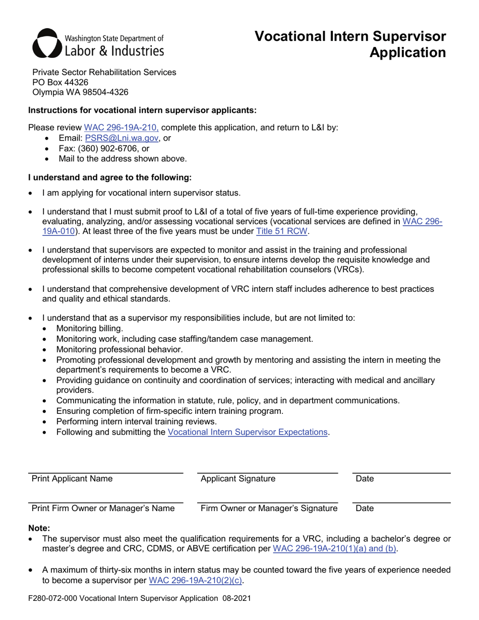 Form F280-072-000 Vocational Intern Supervisor Application - Washington, Page 1