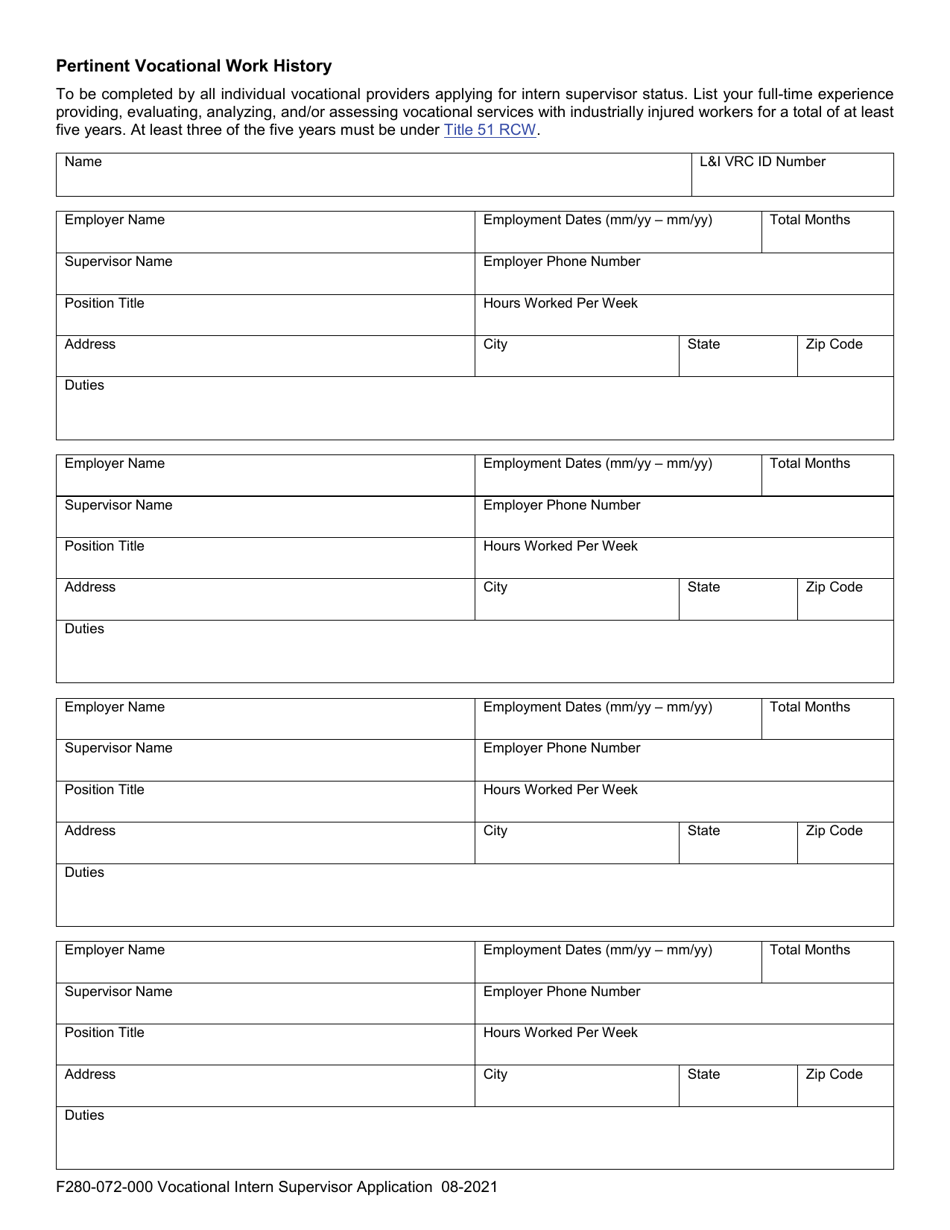 Form F280-072-000 Vocational Intern Supervisor Application - Washington, Page 2