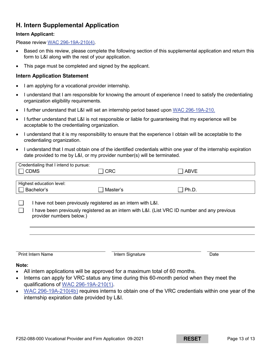 Form F252-088-000 Vocational Provider and Firm Application - Washington, Page 13