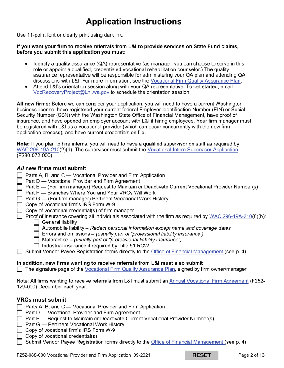 Form F252-088-000 Vocational Provider and Firm Application - Washington, Page 2
