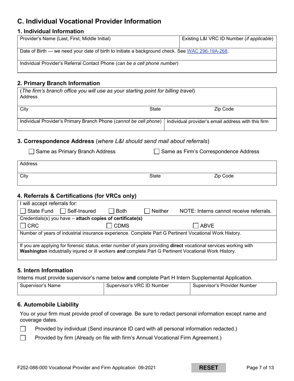 Form F252-088-000 Vocational Provider and Firm Application - Washington, Page 7