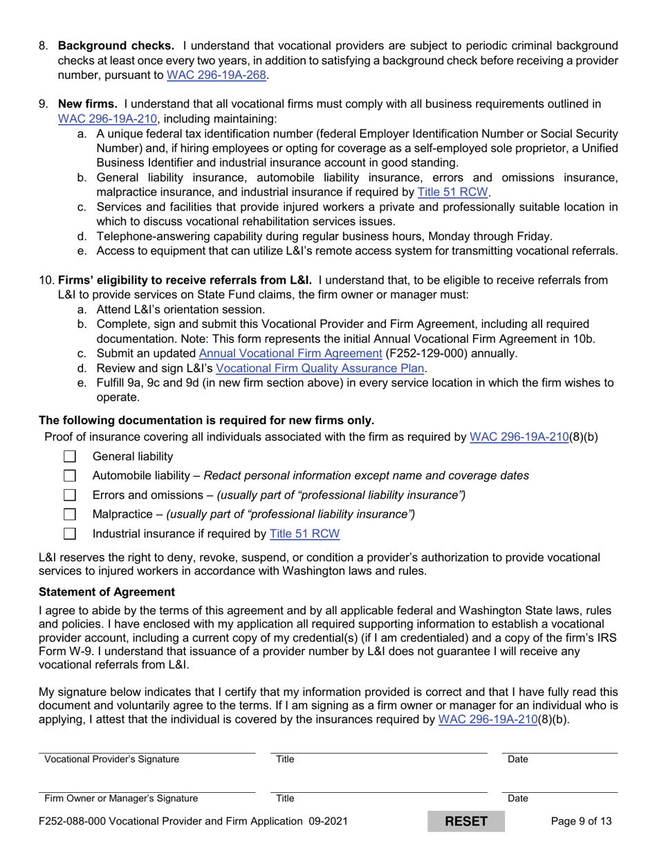 Form F252-088-000 Vocational Provider and Firm Application - Washington, Page 9