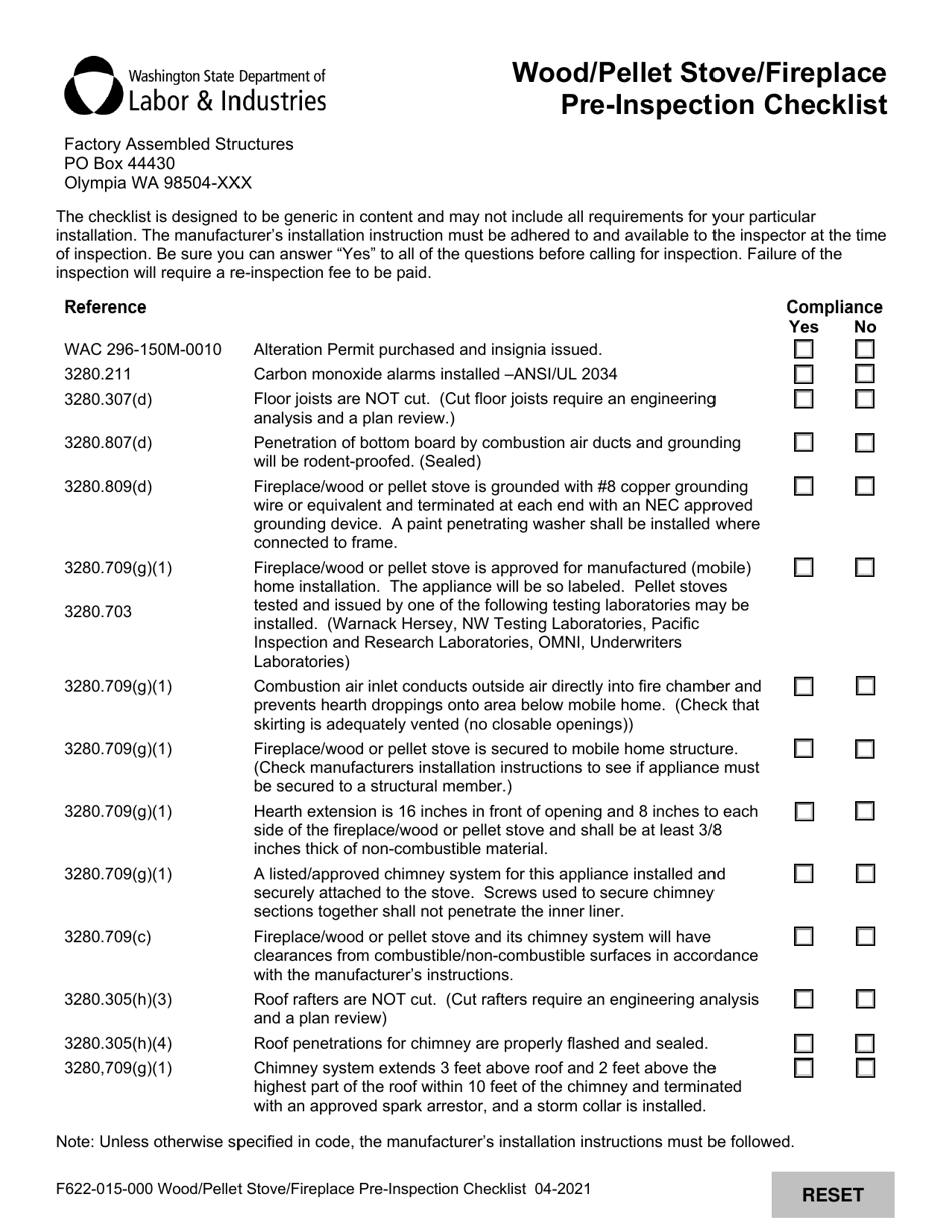 Form F622-015-000 Wood / Pellet Stove / Fireplace Pre-inspection Checklist - Washington, Page 1