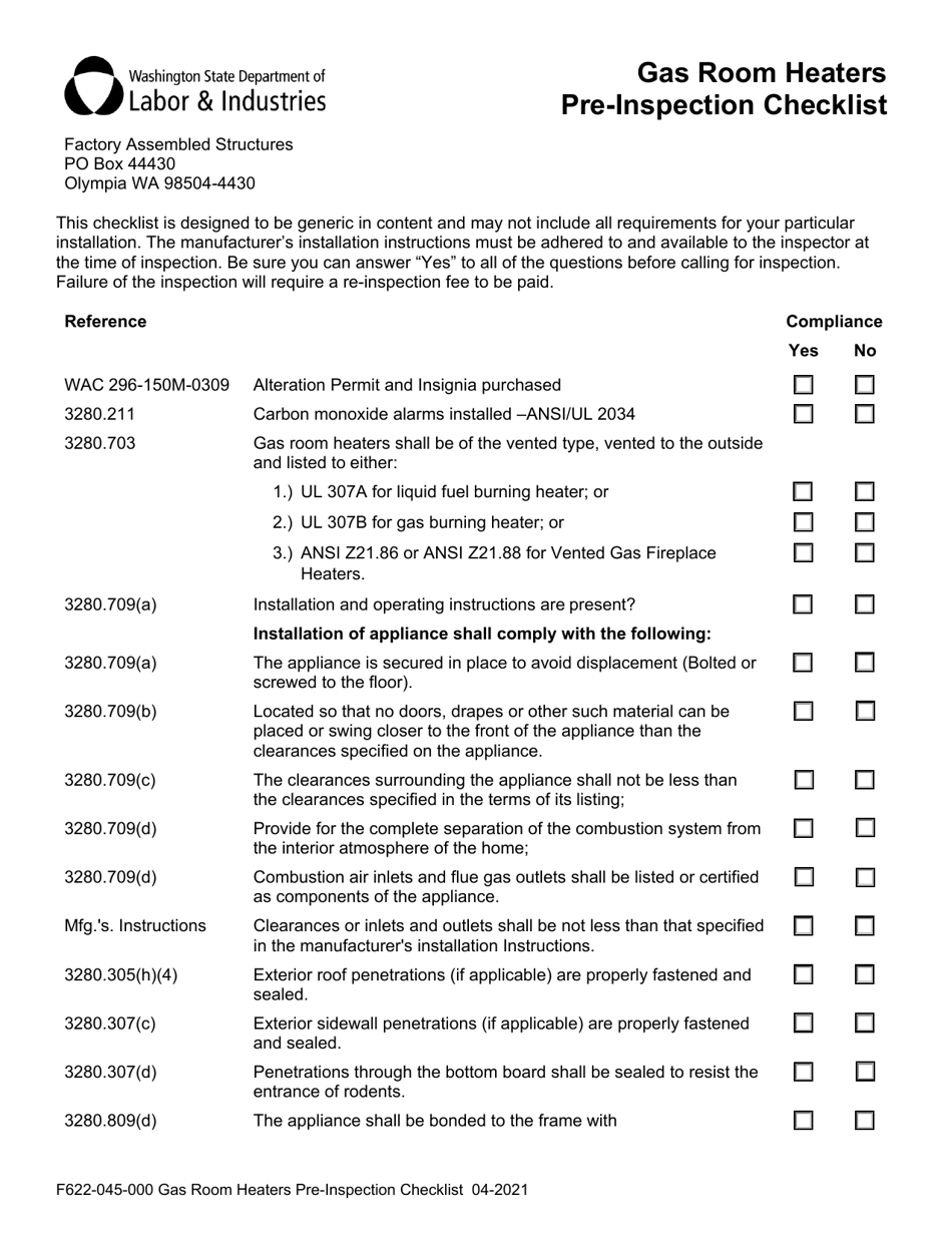 Form F622-045-000 Gas Room Heaters Pre-inspection Checklist - Washington, Page 1