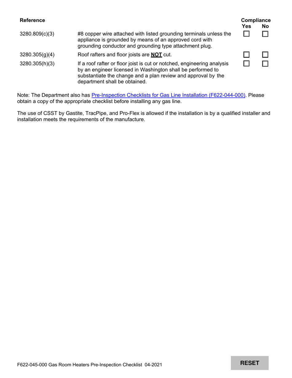 Form F622-045-000 Gas Room Heaters Pre-inspection Checklist - Washington, Page 2