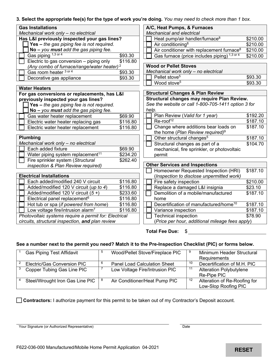 Form F622-036-000 Manufactured / Mobile Home Permit Application - Washington, Page 2