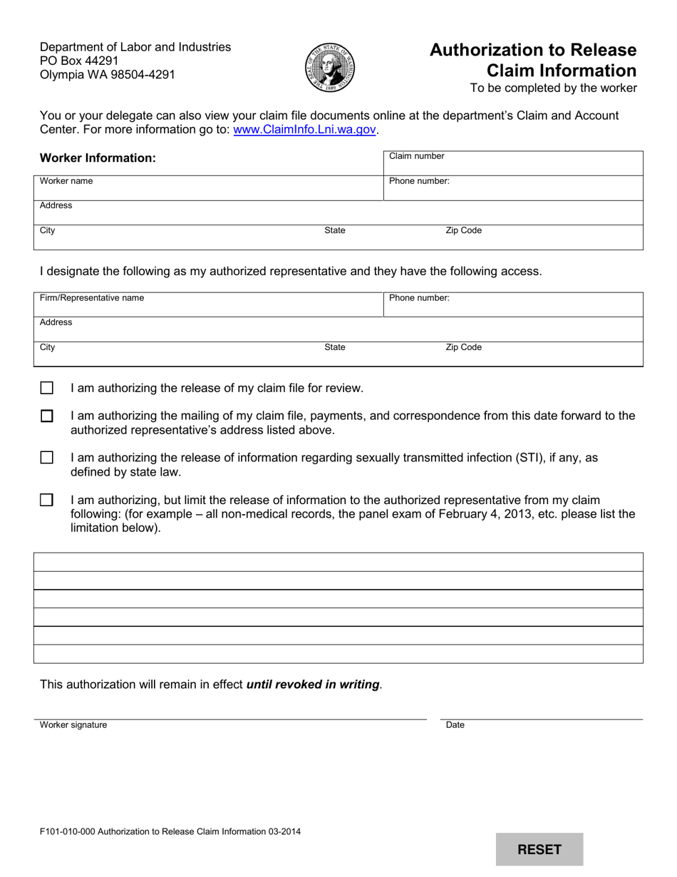 Form F101-010-000 Authorization to Release Claim Information - Washington, Page 1