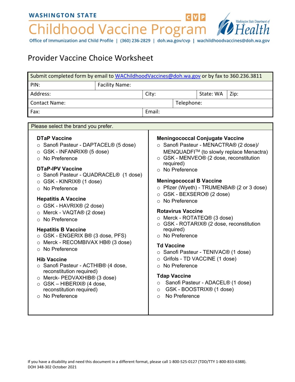 DOH Form 348-302 Provider Vaccine Choice Worksheet - Childhood Vaccine Program - Washington, Page 1