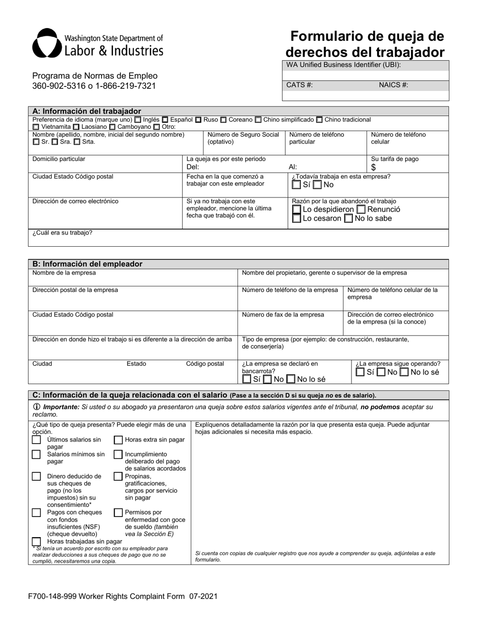 Formulario F700-148-999 Formulario De Queja De Derechos Del Trabajador - Washington (Spanish), Page 3
