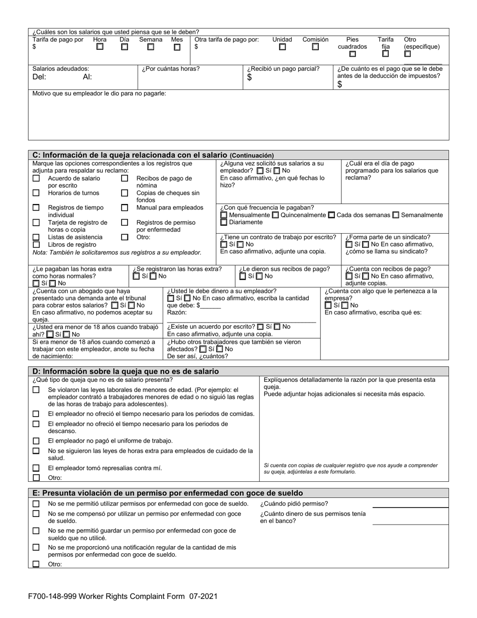 Formulario F700-148-999 Formulario De Queja De Derechos Del Trabajador - Washington (Spanish), Page 4