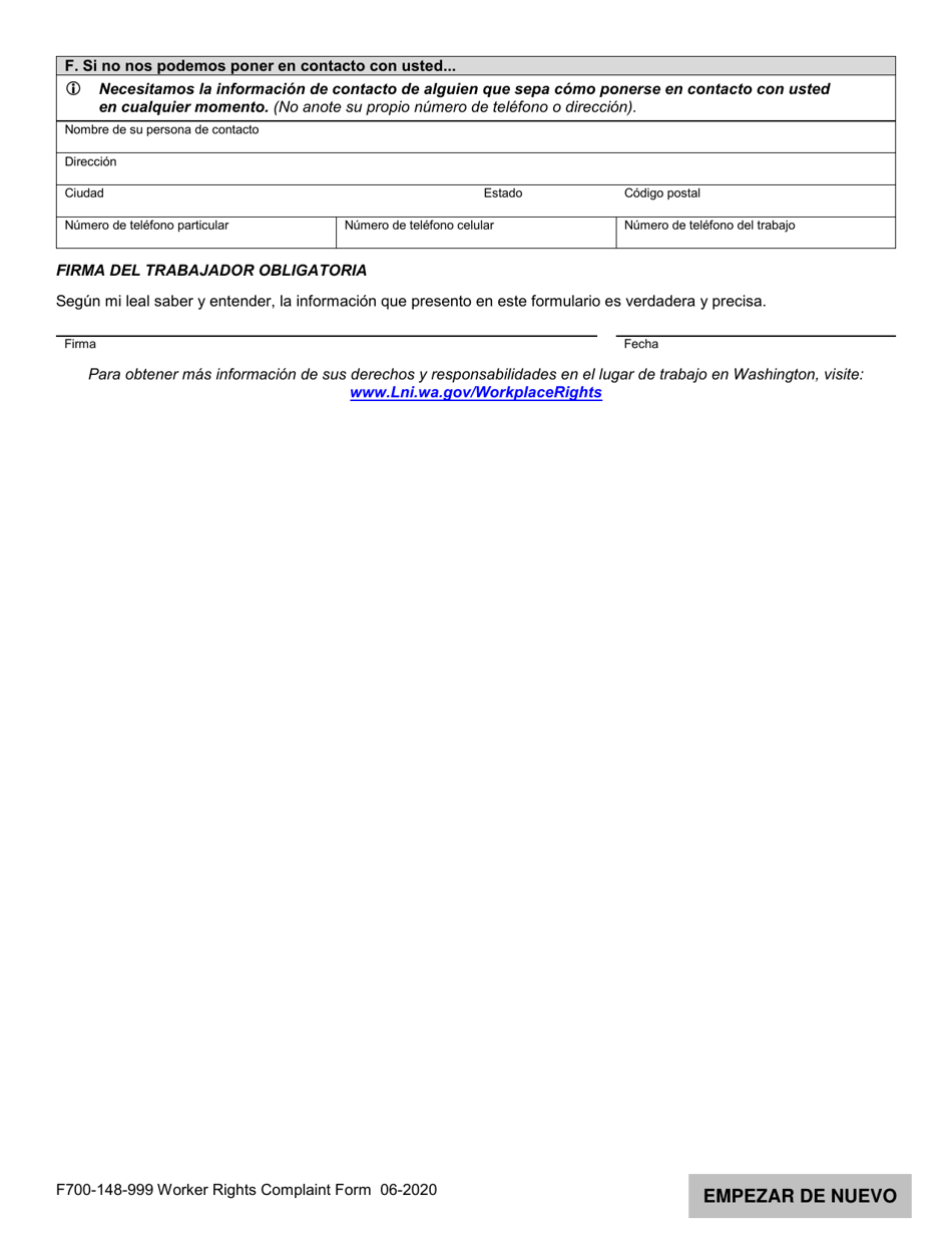 Formulario F700-148-999 Formulario De Queja De Derechos Del Trabajador - Washington (Spanish), Page 5