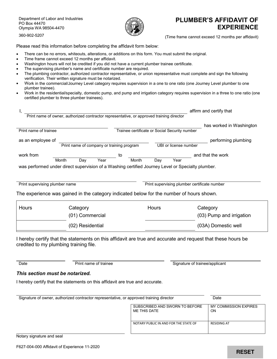 Form F627-004-000 Plumbers Affidavit of Experience - Washington, Page 1