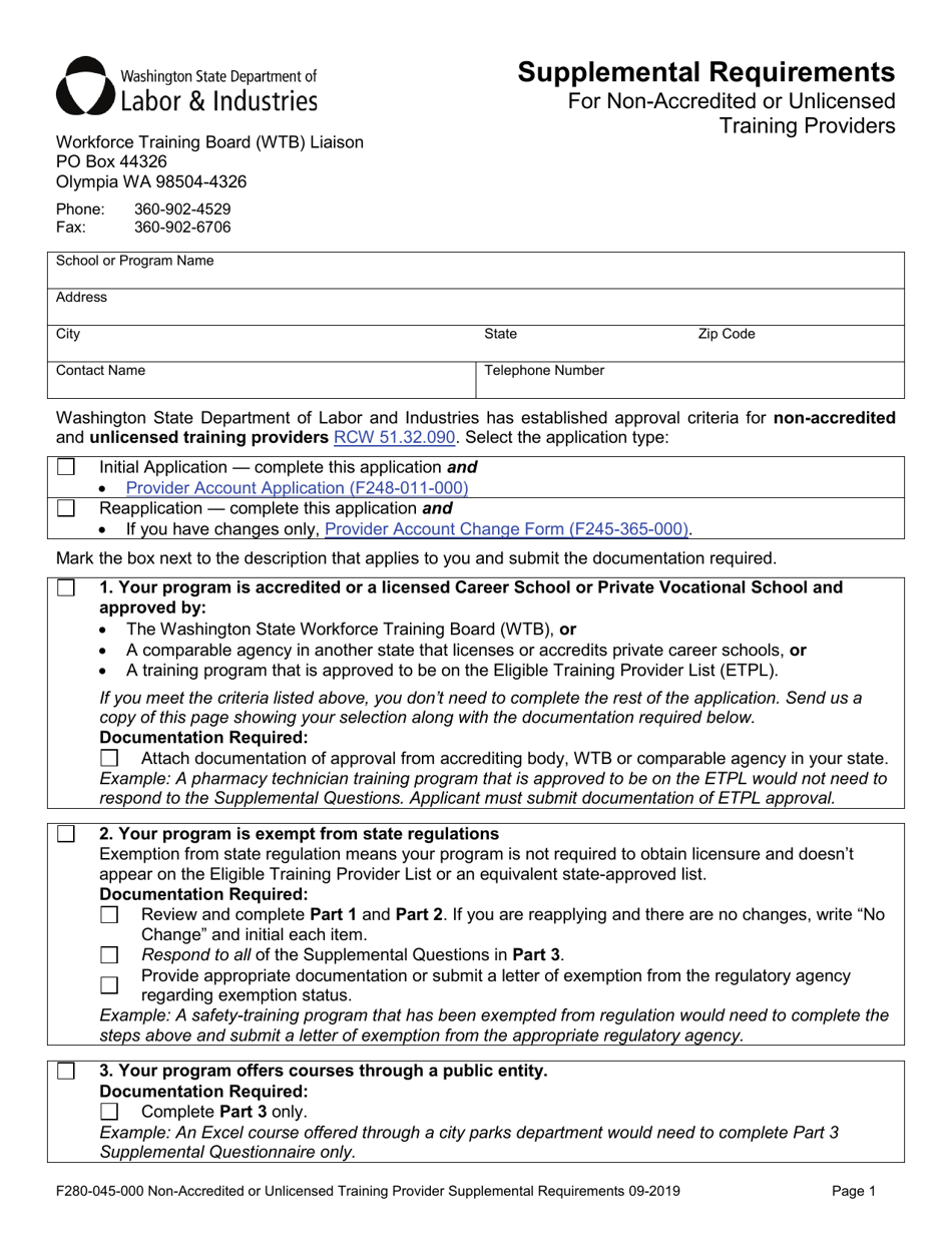 Form F280-045-000 Provider Supplemental Requirements for Non-accredited or Unlicensed Training Providers - Washington, Page 1
