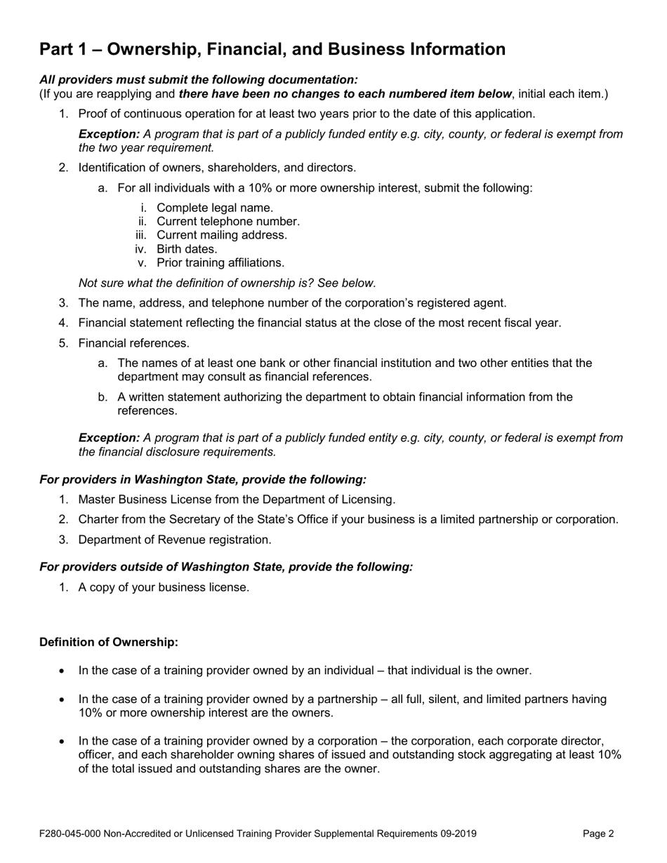 Form F280-045-000 Provider Supplemental Requirements for Non-accredited or Unlicensed Training Providers - Washington, Page 2