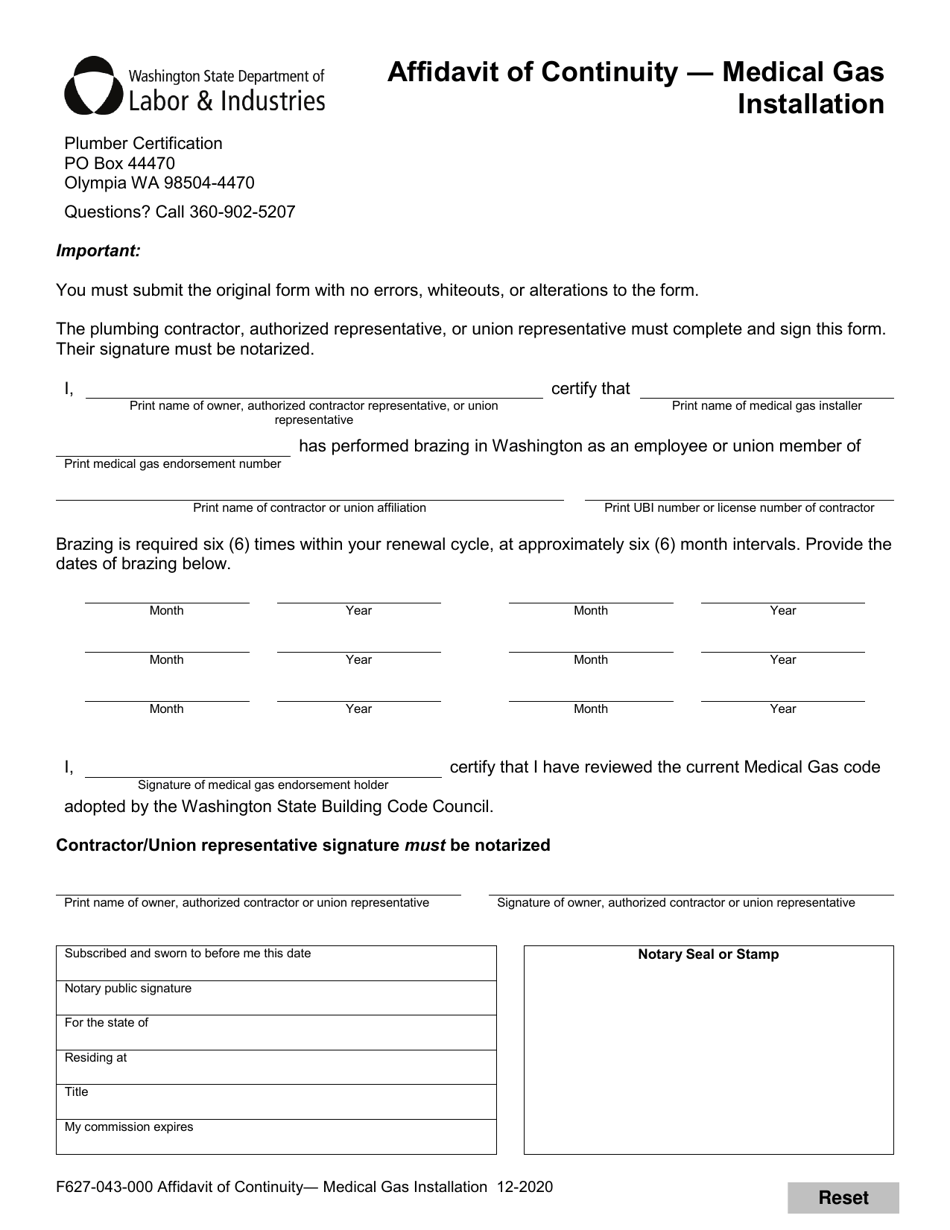 Form F627-043-000 Affidavit of Continuity - Medical Gas Installation - Washington, Page 1