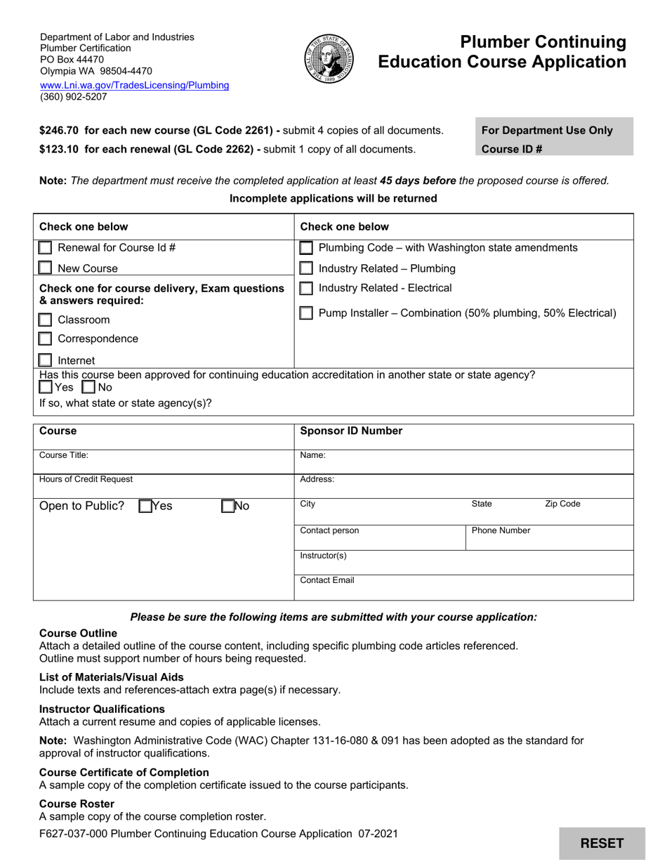 Form F627-037-000 Plumber Continuing Education Course Application - Washington, Page 1