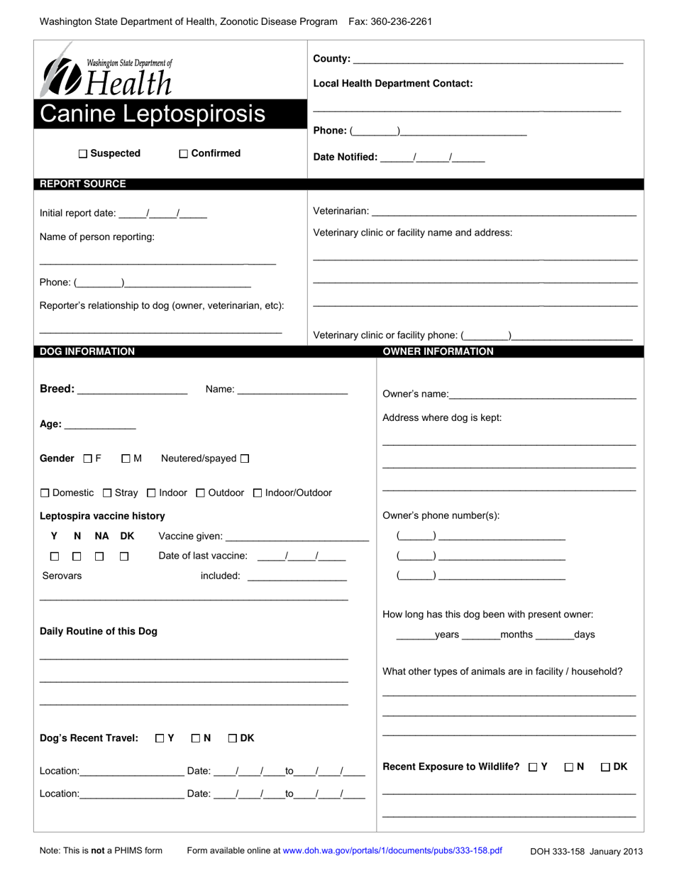 DOH Form 333-158 Canine Leptospirosis Reporting Form - Washington, Page 1