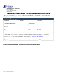 Document preview: DOH Form 651-035 Hemodialysis National Certification Attestation Form - Washington