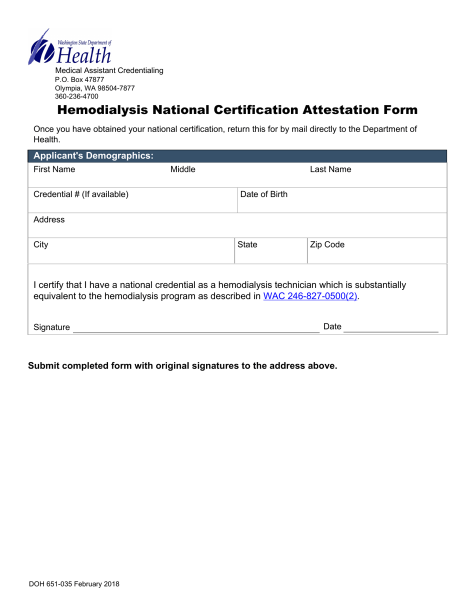 DOH Form 651-035 Hemodialysis National Certification Attestation Form - Washington, Page 1
