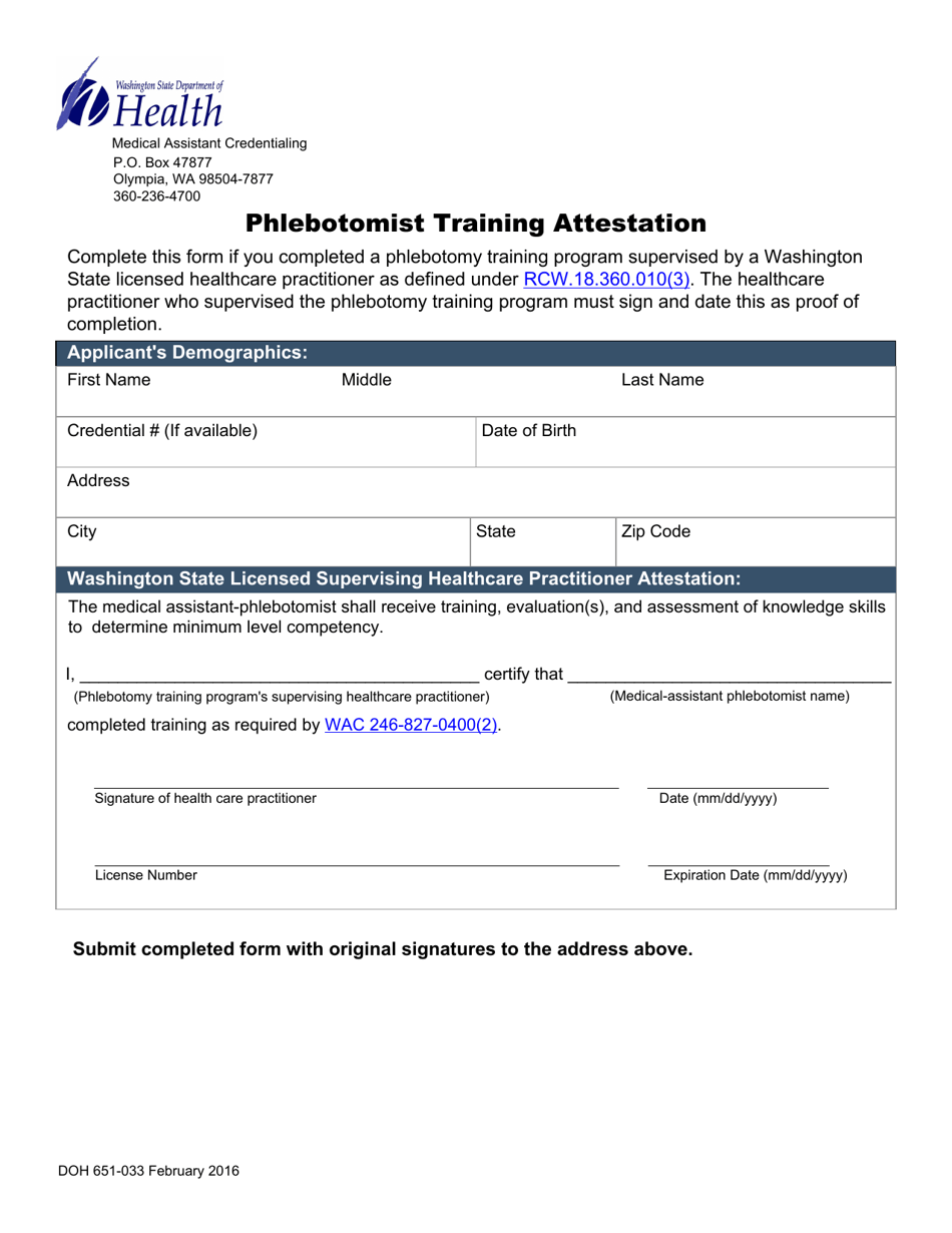 DOH Form 651-033 Phlebotomist Training Attestation - Washington, Page 1