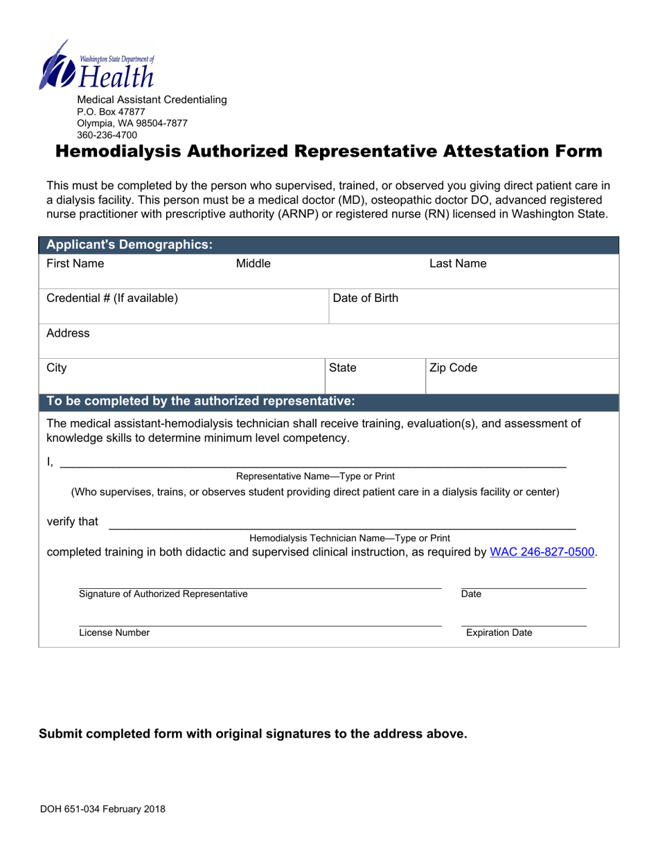 DOH Form 651-034 Hemodialysis Authorized Representative Attestation Form - Washington, Page 1